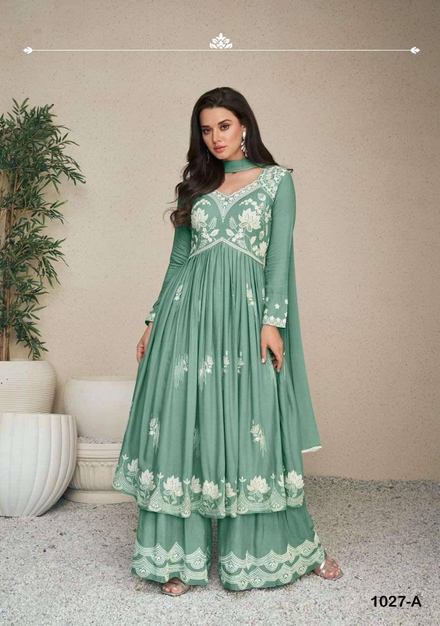 LAKHNAVI VOL 5 LIGHT COLOR HEAVY REYON LAKHNAQI WORK NAYRA CUT KURTI WITH PLAZZO AND NAZMIN DUPATTA BT VAMIKA BRAND 1001